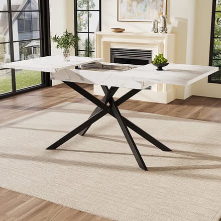 REDOM Eettafel uitschuifbaar 120-160x80x76.5 cm van MDF en metaal, wit marmerprint met zwart kruisframe