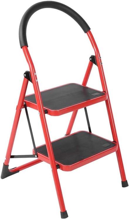 IBBO® – Stalen trapladder – Inklapbare trapladder – 2 treden ladder – Antislip trapladder – Huishoudtrap – Compacte trapladder – Stabiele ladder – Rood