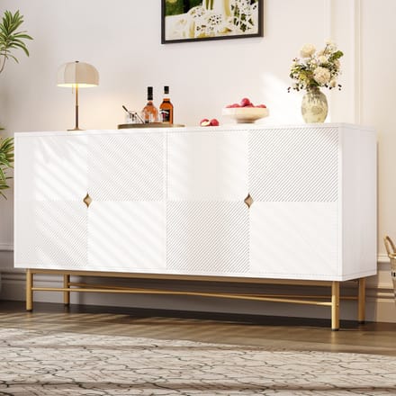 Witte Sideboard 160cm - Met Verhoogde Textuur & Gouden Grepen - Soft Close - 160x40x82cm