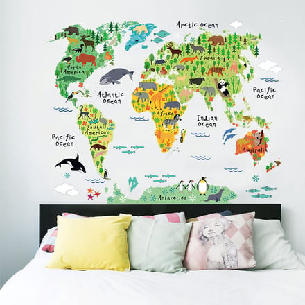 Wereldkaart muurstickers voor kinderen - Dieren van de wereld