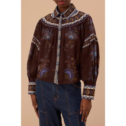 FARM Rio Embroidered Garden Brown Blouse Maat: XXS | Blouses Outlet | Dames | Bruin