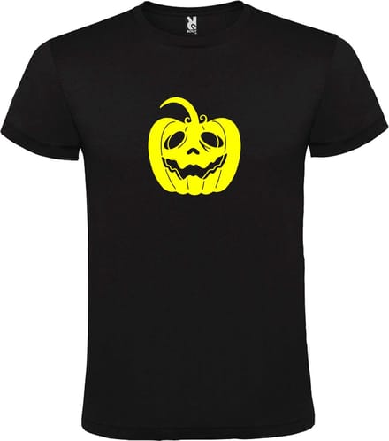 Zwart T-Shirt met “ Halloween Pompoen “ afbeelding Neon Geel Size L