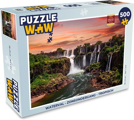 Puzzel Watervallen met bomen - Zonsondergang - Oranje - Legpuzzel - Puzzel 500 stukjes
