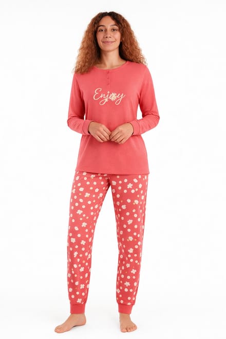 Dames pyjama katoen - koraalrood - Maat XL