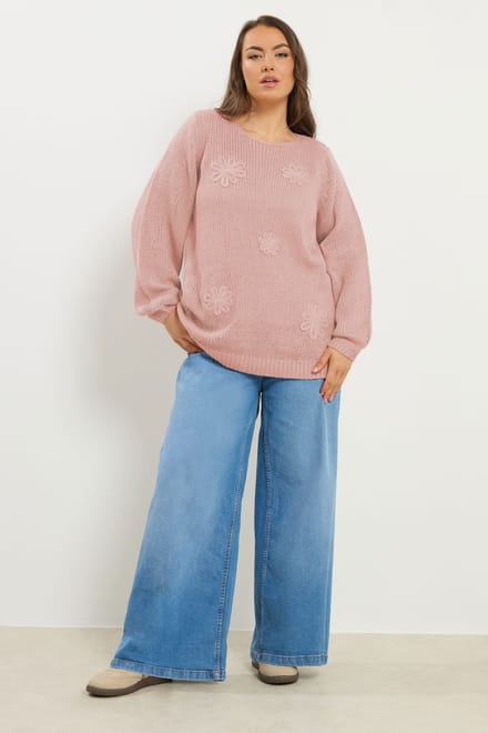 Yours Roze Gebreide Trui Met Bloemen Size 54-56