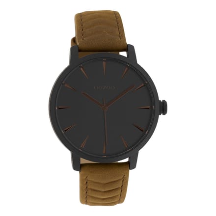 OOZOO Timepieces - Zwarte horloge met bruine leren band - C10132