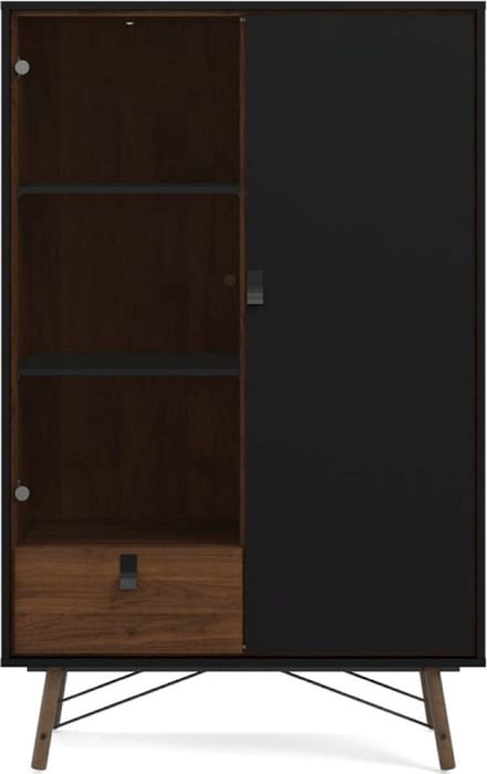 Rye vitrinekast 1 glazen deur, 1 deur, 1 lade mat zwart, walnoot decor.