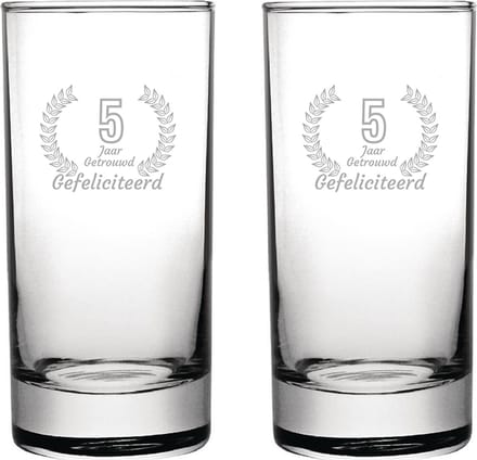 Gegraveerde set Longdrinkglazen 28,5cl Gefeliciteerd 5 jaar getrouwd