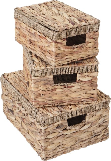 Set van 3 opbergdozen MCW-C23, commode met deksel, waterhyacint natuurlijke kleur