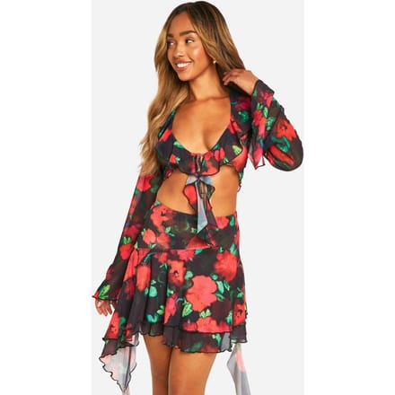 boohoo Dames Floral Ruffle Tie Front Beach Top | Black | Maat: Medium