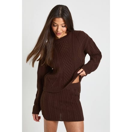 boohoo Dames Ronde hals kabeltrui en minirok | Chocolate | Maat: Medium