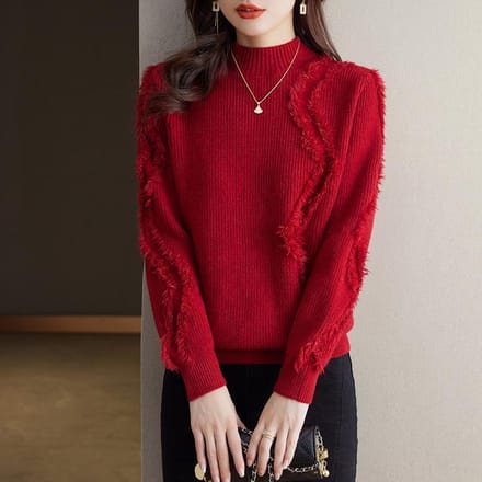 Pull tricoté uni à col semi-haut pour femme, pull d'hiver décontracté et ample 3XL rouge