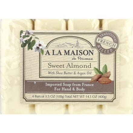 A La Maison de Provence, Savon en Barre Mains et Corps, Amande Douce, 4 paquets, 3,5 oz chacun beige