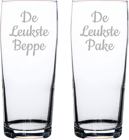 Gegraveerde bierfluitje 19cl De Leukste Pake- De Leukste Beppe