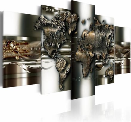 Schilderij - metalen wereld, wereldkaart , metaal look , 5 luik