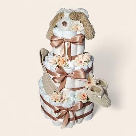 Luiertaart Bruin 3-laags – Groot Kraamcadeau met Dog David van Happy Horse