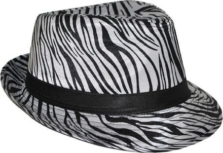 Carnaval verkleed Trilby hoedje met zebra print - volwassenen - Pimp -Party