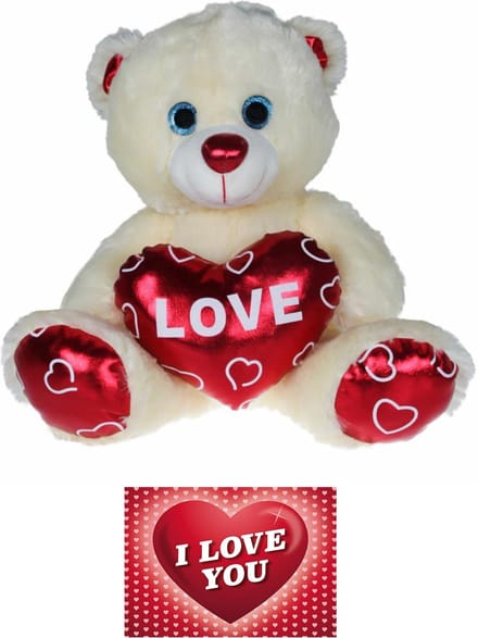 Kruger Pluche knuffelbeer - 70 cm - wit/rood - Valentijn Love hartje - hartjes wenskaart - liefde