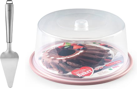 Plasticforte Taart/gebakjes bewaardoos - rond D32 x H15 cm - bodem roze - met taartschep rvs 27 cm