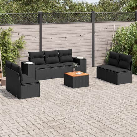 vidaXL - 8-delige - Loungeset - met - kussens - poly - rattan - zwart