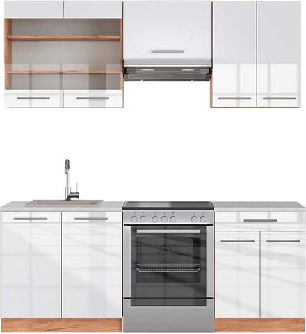Vicco Fame-Line Complete keukeneenheid – 200 cm, WB Marmer Wit hoogglans/goud power eiken