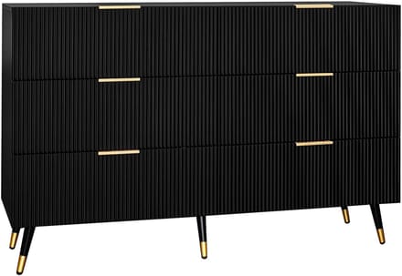 Ladekast – Dressoir Spaanplaat met 6 Geribbelde Laden en Goud - Zwart