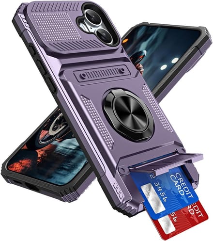Case voor iPhone 17 met Kaartsleuf en Ringstand - Schokbestendige Rugged Hard Shell in Paars voor Optimale Bescherming