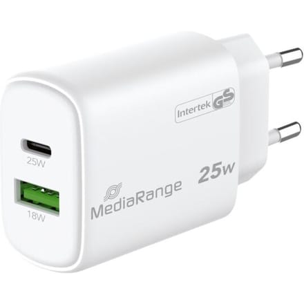 MediaRange snellaadadadapter 25 W, Eurostekker, USB-A/USB-C, wit