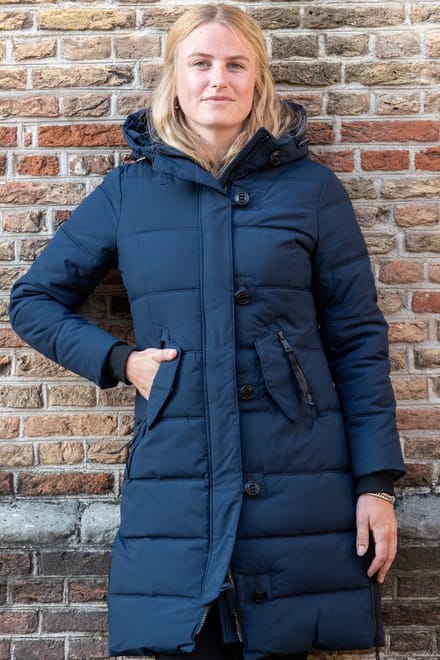 Lange Donkerblauwe Winterjas Dames - Gewatteerd en Getailleerd - Maat 36