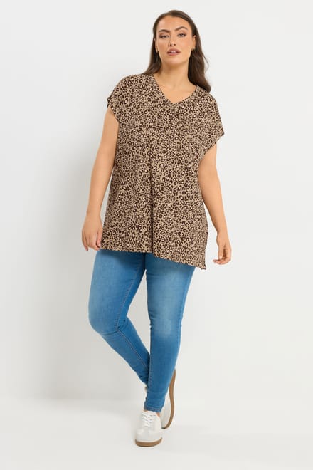 Yours Bruin Tshirt Met Luipaardprint En Borstzak Size 42