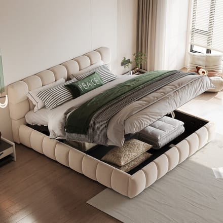 MODENUIT Gestoffeerd bed 140x190 cm – Hydraulische opbergruimte – Ingelegde matras – Zonder matras – Fluweel – Beige