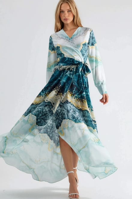 Abstracte Afdruk Lange Mouwen Maxi Jurk met Strikdetail