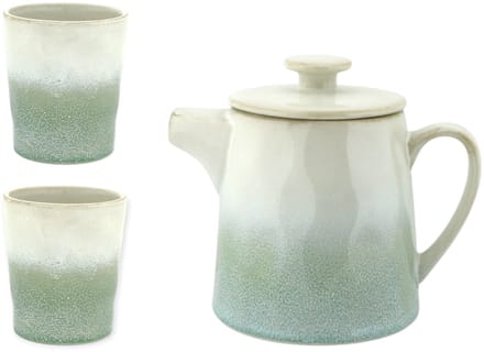 Home Society - Theeset - Theepot - 2 mokken - Keramiek - Wit/celadon