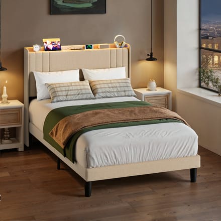 Bealife BF28 Bed - 120 x 200 cm - LED-verlichting - Opbergbaar hoofdeinde en lattenbodem - Beige