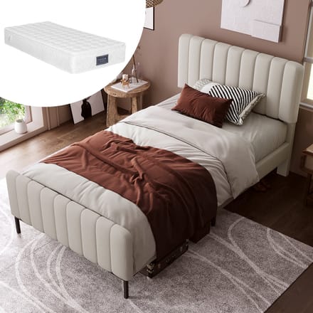 REDOM Bedframe 90x200 cm van linnen – Met verstelbaar hoofdbord (ca. 6 cm) en lattenbodem – Grijs-Beige