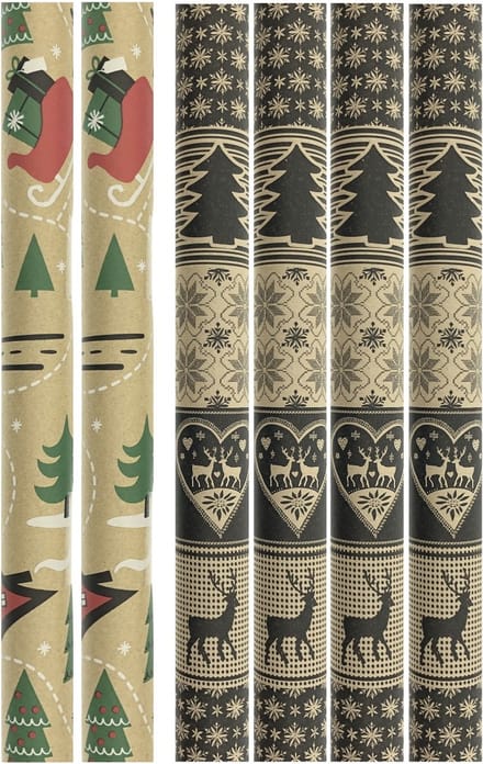 Assortiment kraft cadeaupapier - inpakpapier kerstpapier HO202201 - 2 meter x 70 cm - 6 rollen