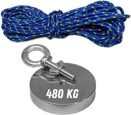 Vismagnet set met oog en touw (20 m) - 480 kg trekvermogen - 97 mm diameter