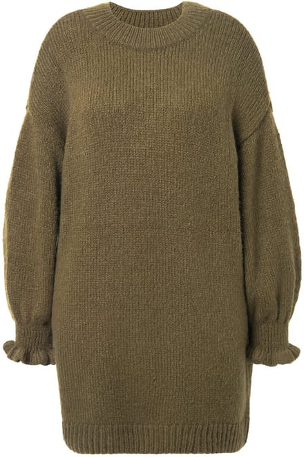 Studio Untold - Dames - Gebreide jurk oversized mouwen met ruches - Donkerolijf - Maat 46+