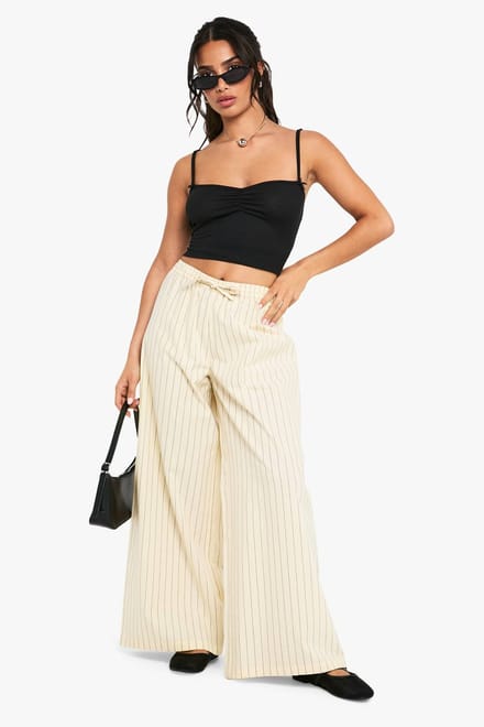 boohoo Dames Petite gestreepte broeken met linnen-look | Ecru | Maat: 12