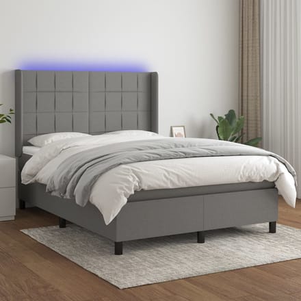 vidaXL - Boxspring - met - matras - en - LED - stof - donkergrijs - 140x200 - cm