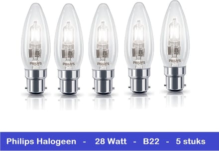 PHILIPS HALOGEEN KAARS - 5 STUKS - B22 BAJONET FITTING - 28 WATT - DIMBAAR - 5 x 8718291737575