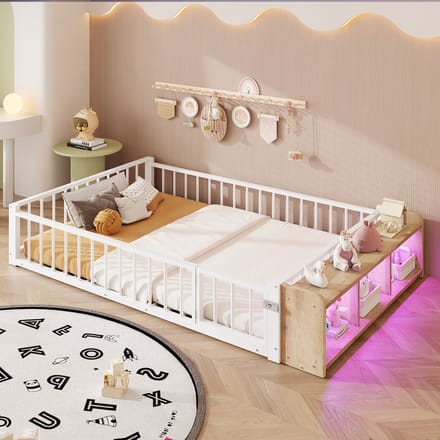 MODFU Kinderbed 140x200 cm – Met open opbergruimte & LED – Beschermrand – Minimalistisch design – Wit