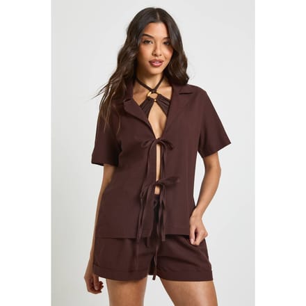 boohoo Dames Linnen Strik-voor Strandco-ord | Chocoladebruin | Maat: 44