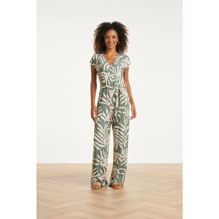 Smashed Lemon Groene stretch jumpsuit met bladprint en ceintuur |