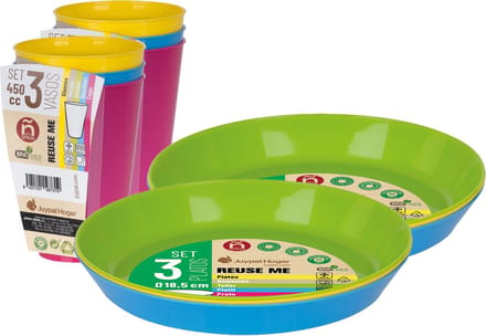 Juypal Servies set - 6x borden en drinkbekers - multi - kunststof - herbruikbaar