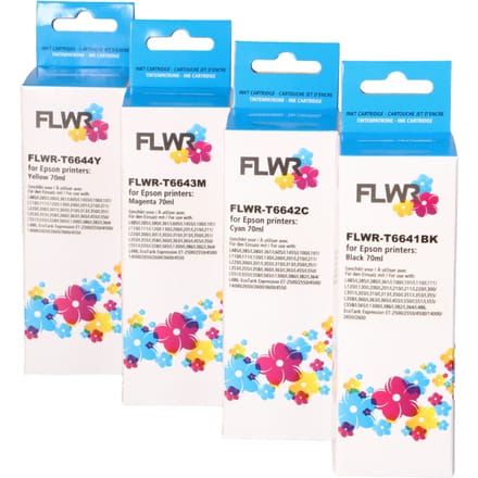 FLWR - Inktflesjes / T664 / 4-pack Zwart & Kleur - Geschikt voor Epson