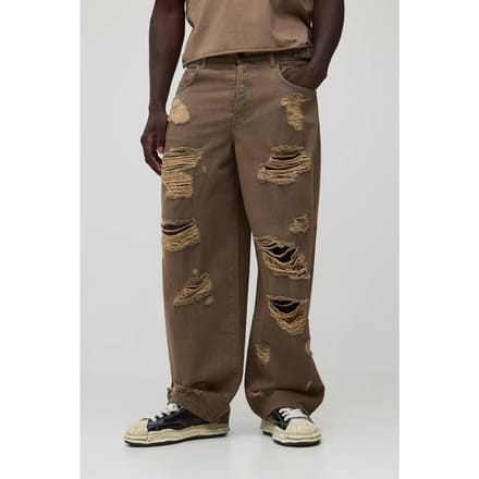 Verstelbare Taille Gewassen Extreem Gescheurde Super Baggy Jeans | Stone | Size 28R