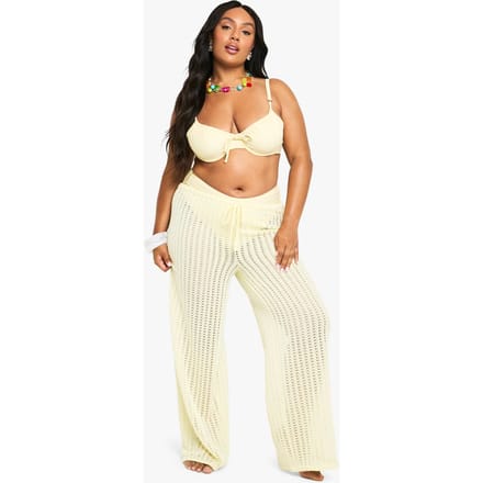 boohoo Dames Plus strandbroek met strikceintuur en elastische taille | Lemon | Maat: 16