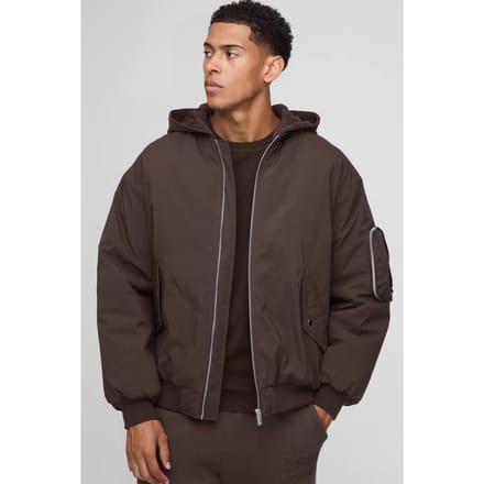 Bomberjack met capuchon in oversized pasvorm met PU-applique van nylon | Chocolate | Size XS