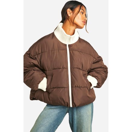 boohoo Dames Contrasterende Geribbelde Pufferjas | Chocolate | Maat: 14